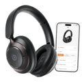 Over-ear black wireless headphones with phone controls displayed beside them