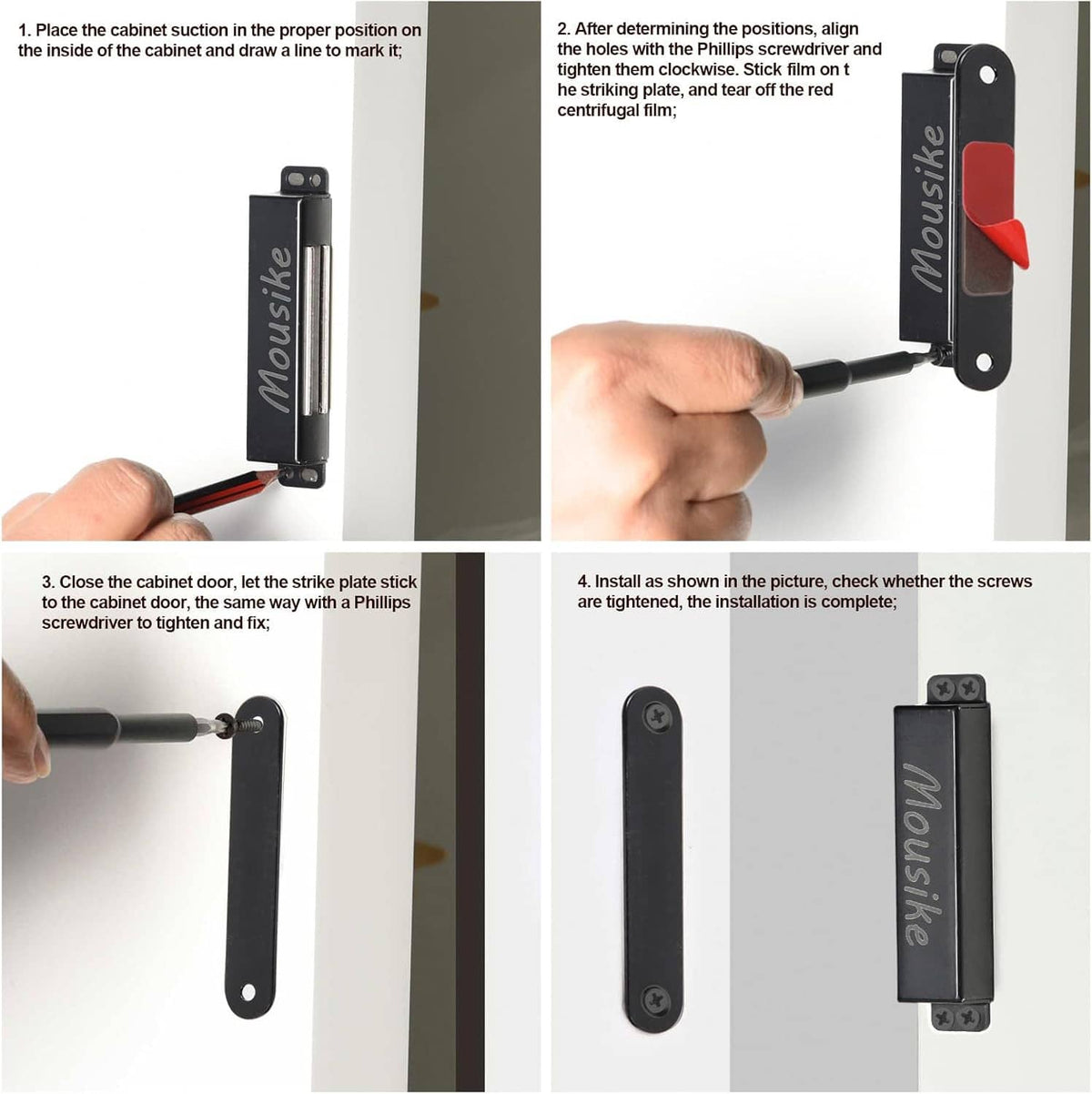 Magnetic door catch installation kit with latch plate, striker plate, and screws