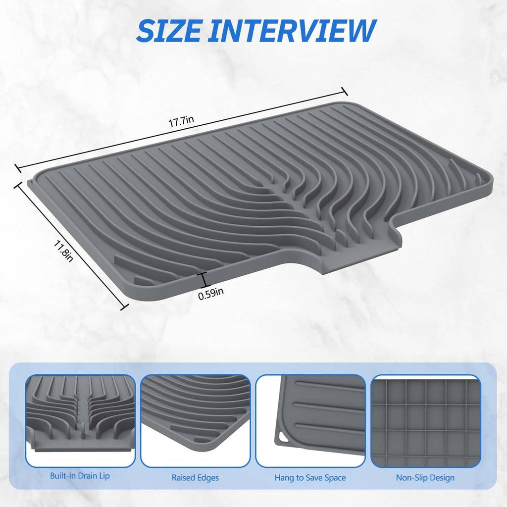 Gray silicone-style dish drying mat showing size and raised edge design with drain area