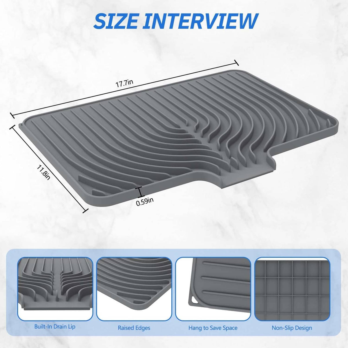 Gray silicone-style dish drying mat showing size and raised edge design with drain area