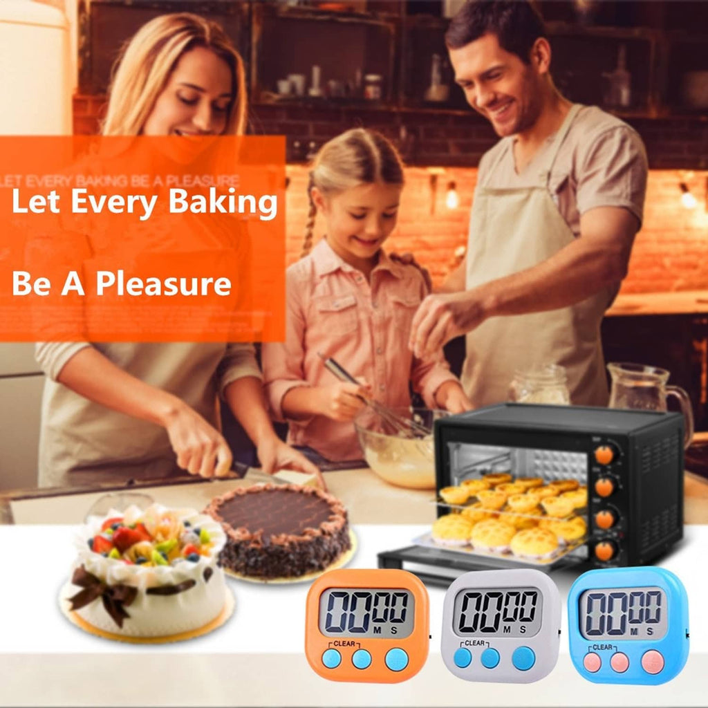 Set of three digital kitchen timers with LCD displays in orange, white, and blue.