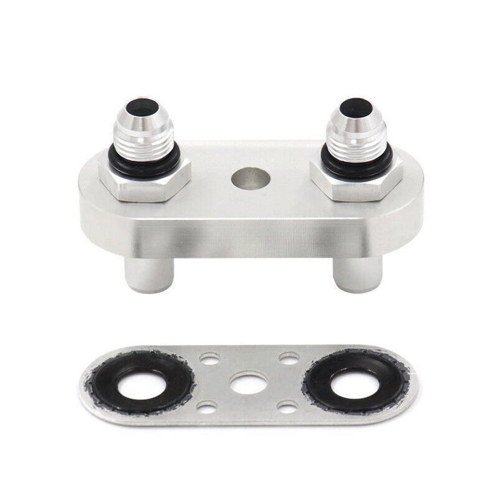 Transmission cooler line adapter plate with two 6AN fittings and dual mounting posts