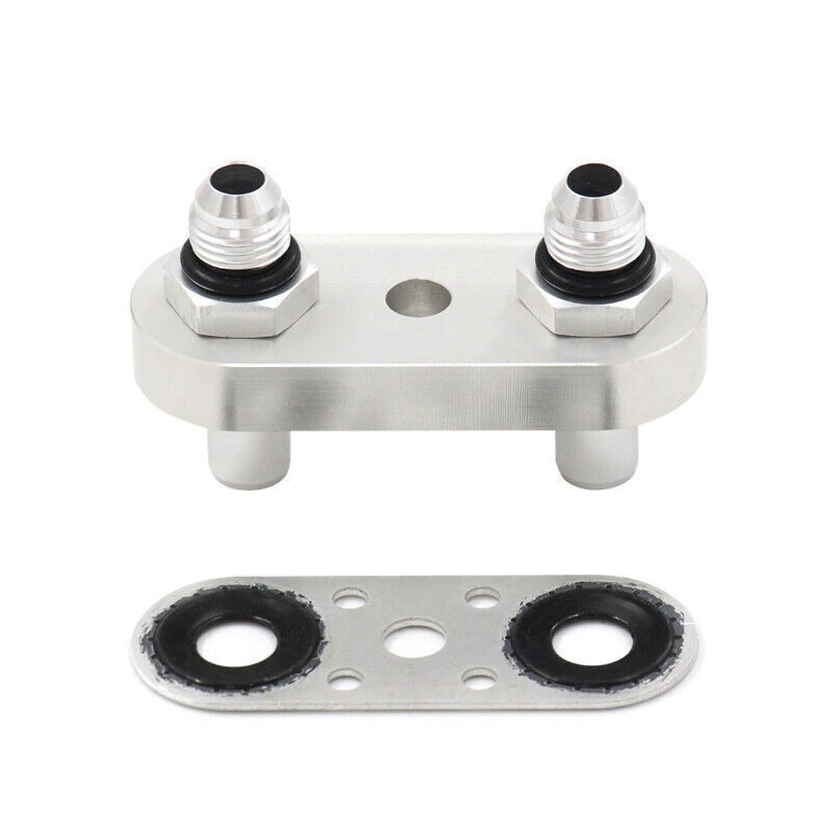 Transmission cooler line adapter plate with two 6AN fittings and dual mounting posts