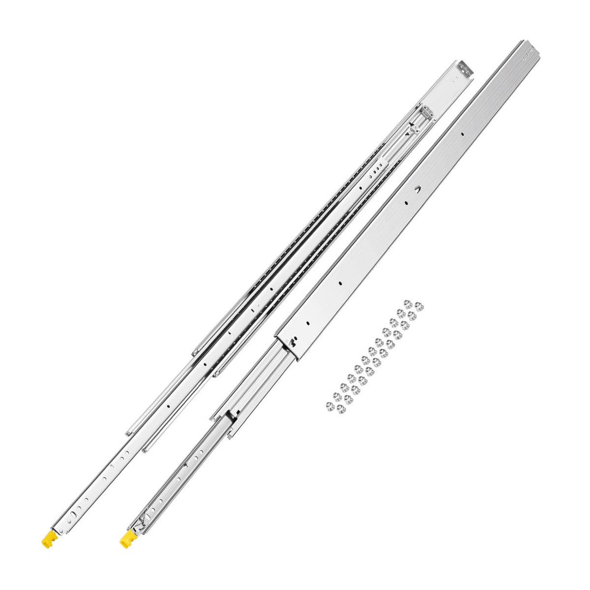 Two drawer slide rails with yellow release tabs and included screw hardware, silver.
