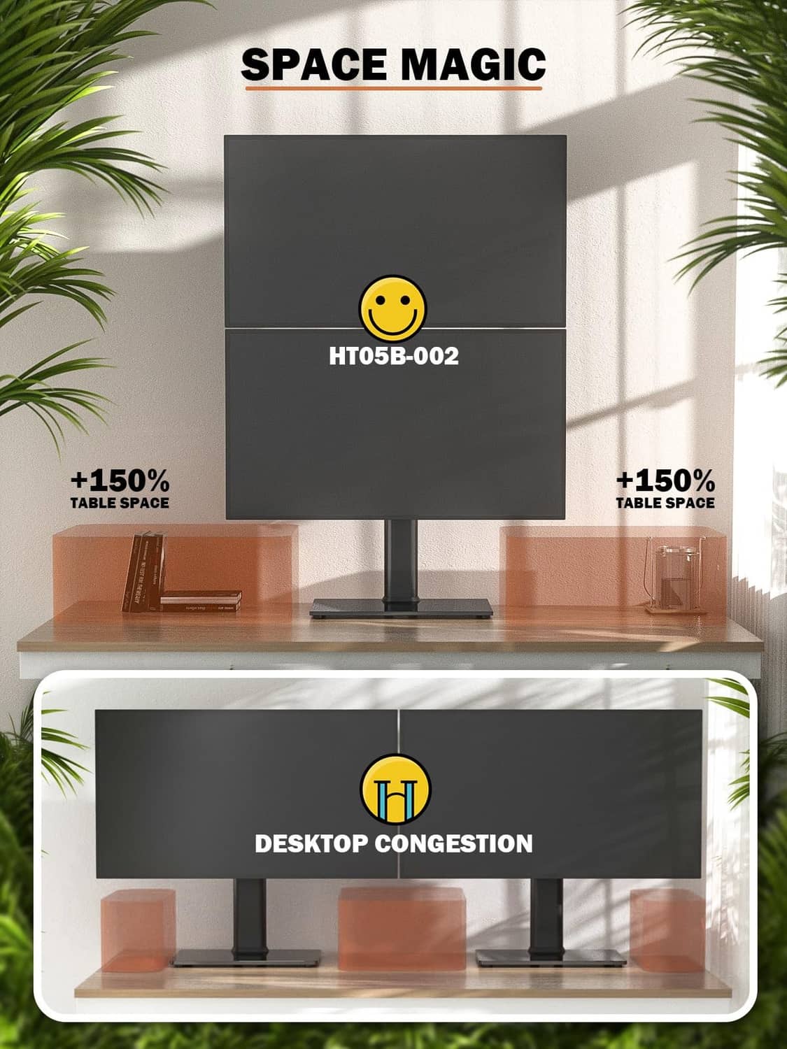 Dual monitor stand riser on desk with black base and upright pole