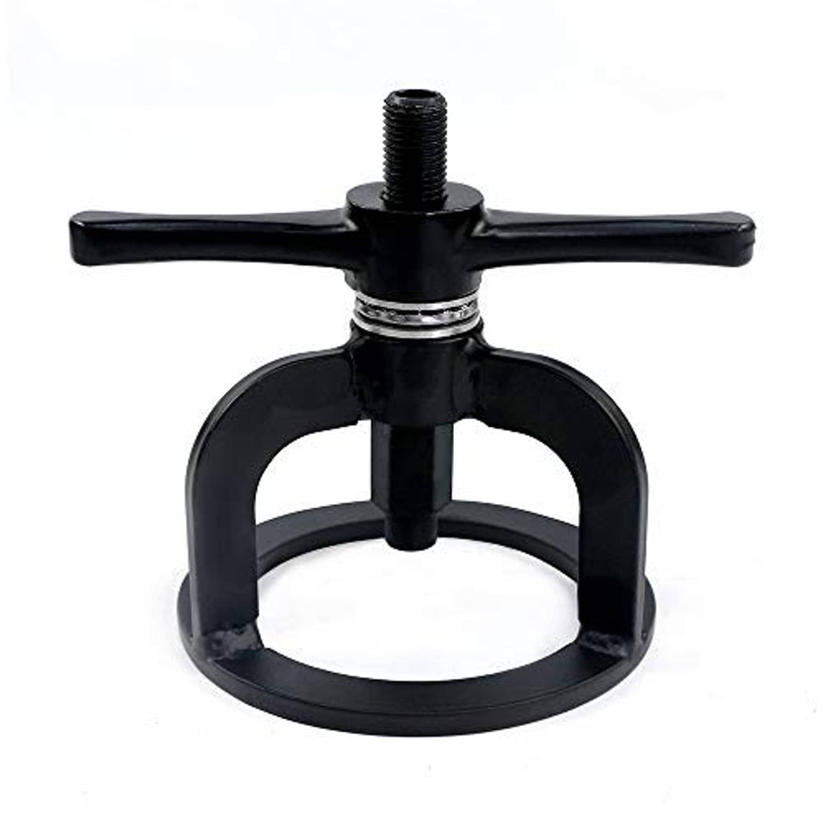 Black spring compressor tool with top cross handle and threaded center bolt