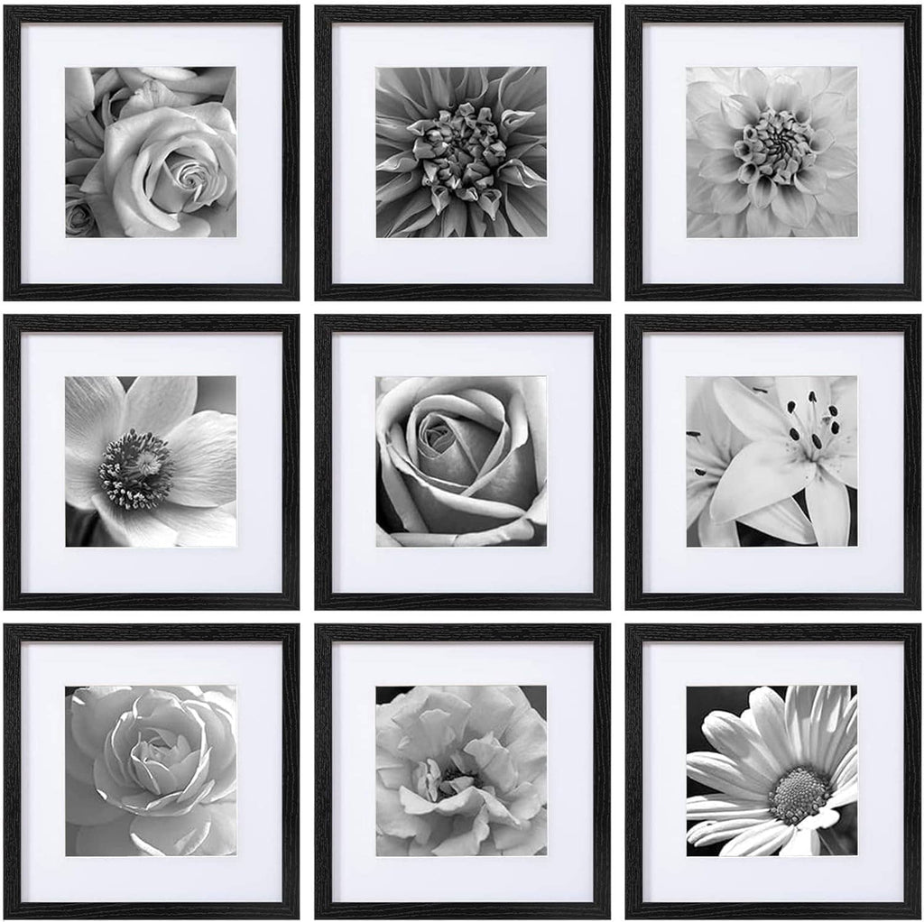 Nine 12x12 photo frames, black with white mats and clear acrylic covers