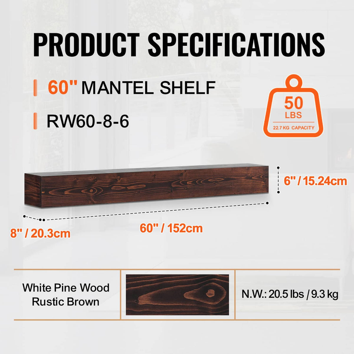 Rustic brown 60-inch mantel shelf with wood grain and low-profile front