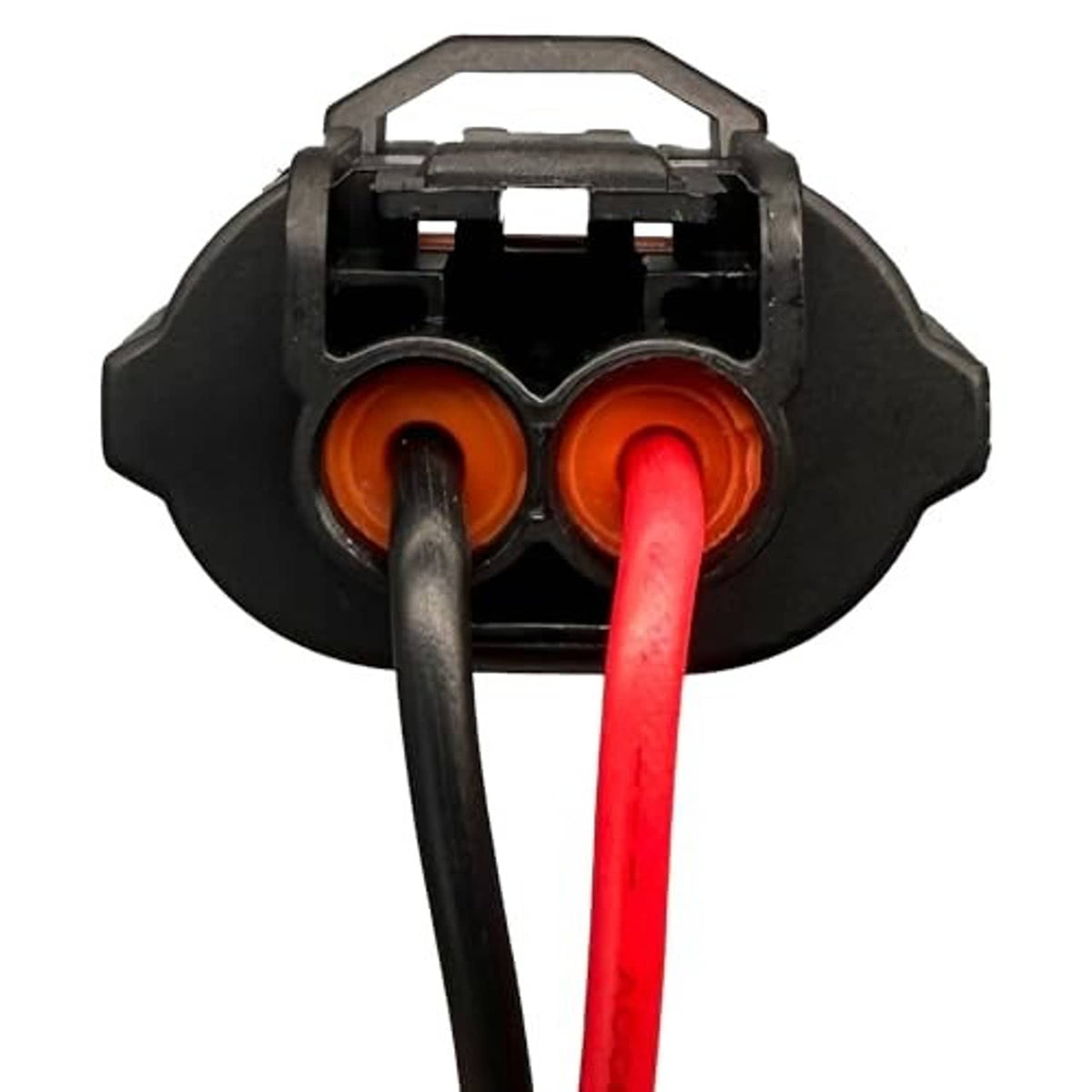 Wiring harness adapter terminals with orange and red markers, red/black wires