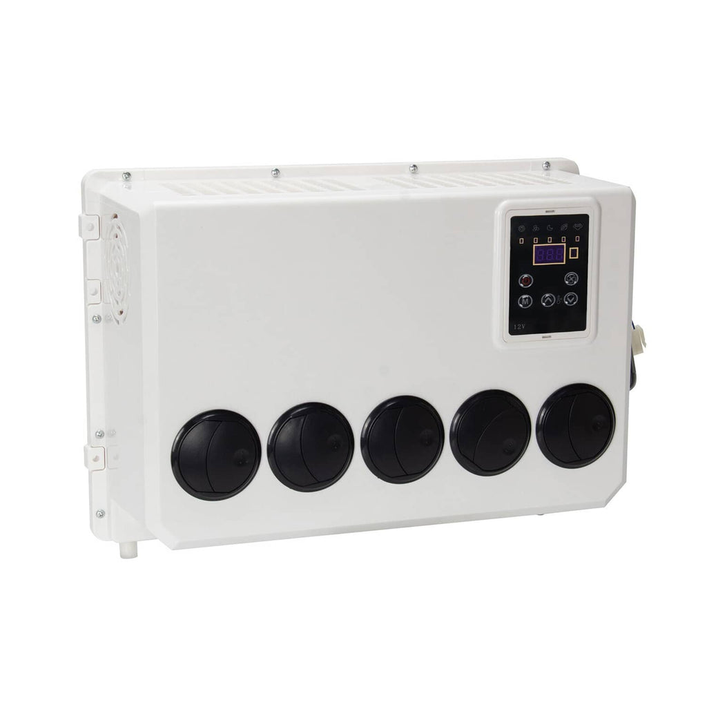 White indoor AC unit with five black circular vents and a digital control panel