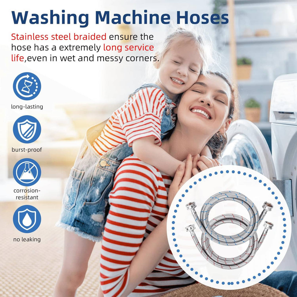 Braided stainless steel washing machine hoses with metal end fittings, coiled set