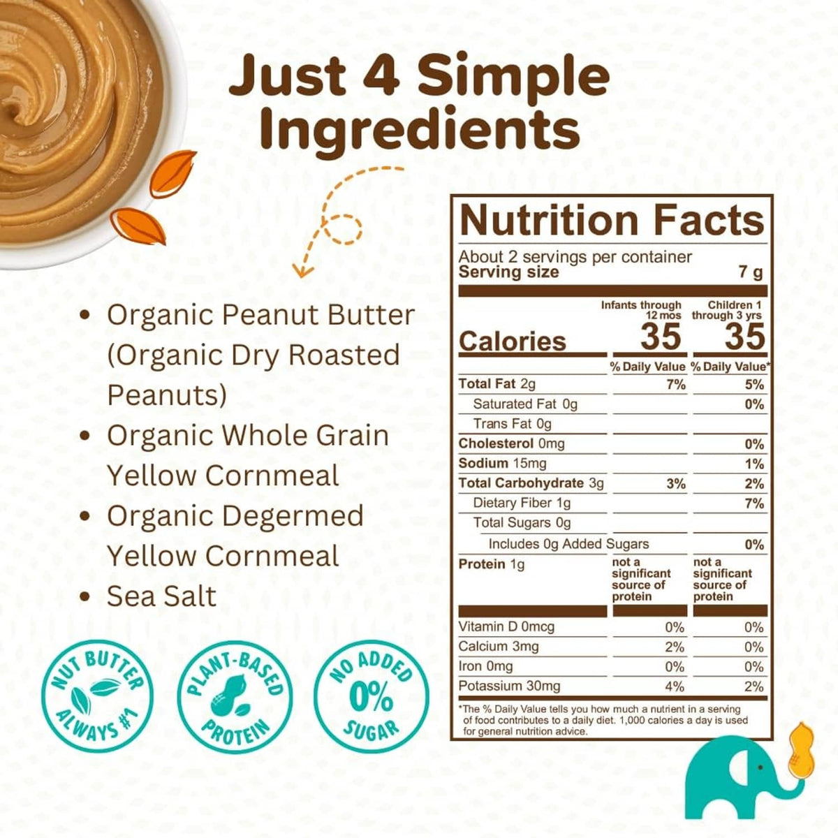 Nutrition facts and ingredients label on Puffworks baby peanut butter puffs pouch