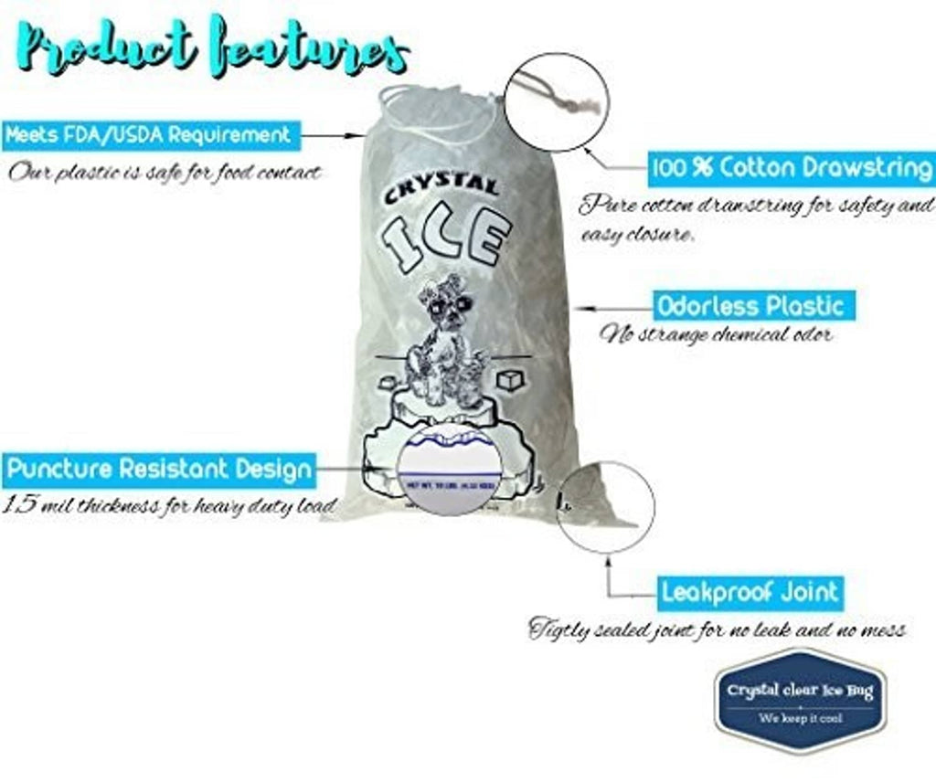 Clear plastic ice bag with cotton drawstring and CRYSTAL ICE logo on front