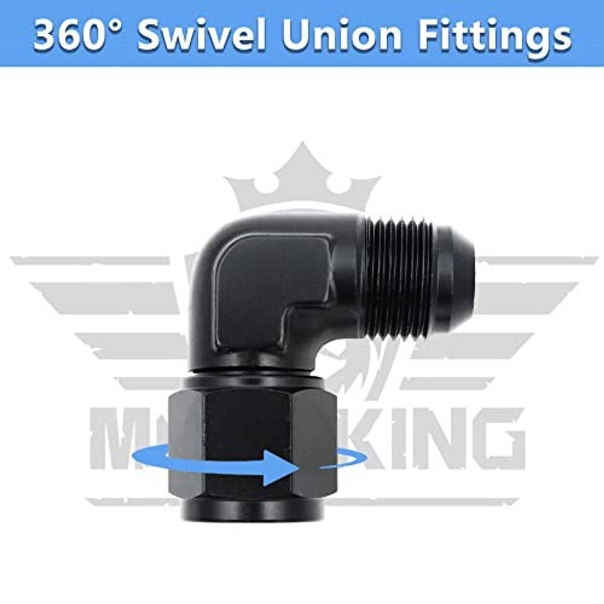 Black 90-degree swivel union fitting with external threads and hex mount