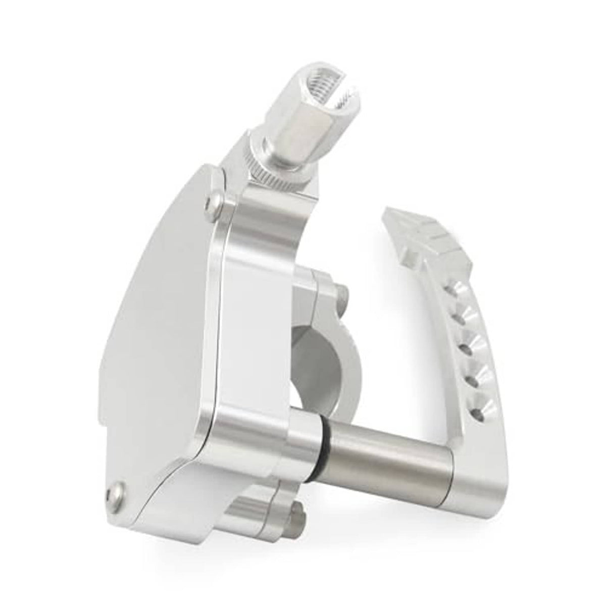 CNC billet thumb throttle extender rear view with hex bolts and silver lever riser