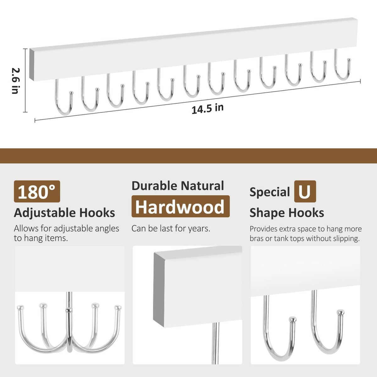 Long white wooden jewelry organizer board with silver curved hooks for necklaces