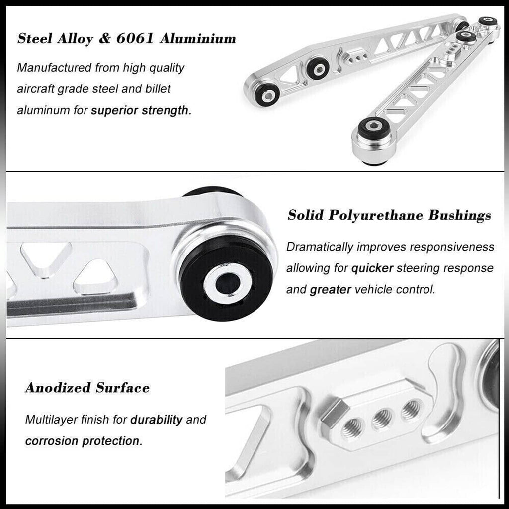 Silver subframe brace tie bar with black polyurethane bushings and anodized finish