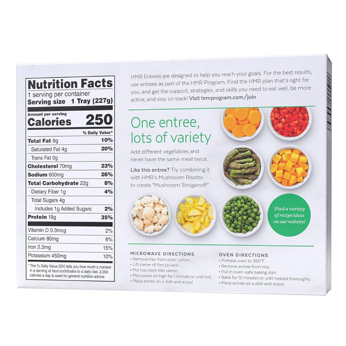 Back of HMR beef stroganoff with noodles package showing nutrition and meal variety