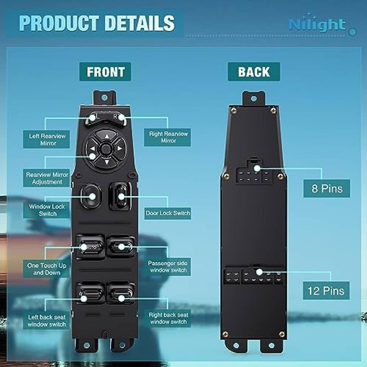 Power window switch diagram showing front and back views with pin layout