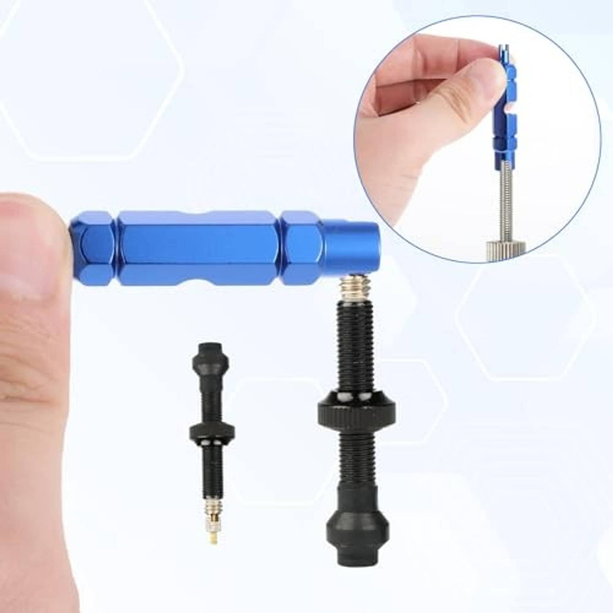Blue valve core remover kit with metal shaft and separate valve core parts