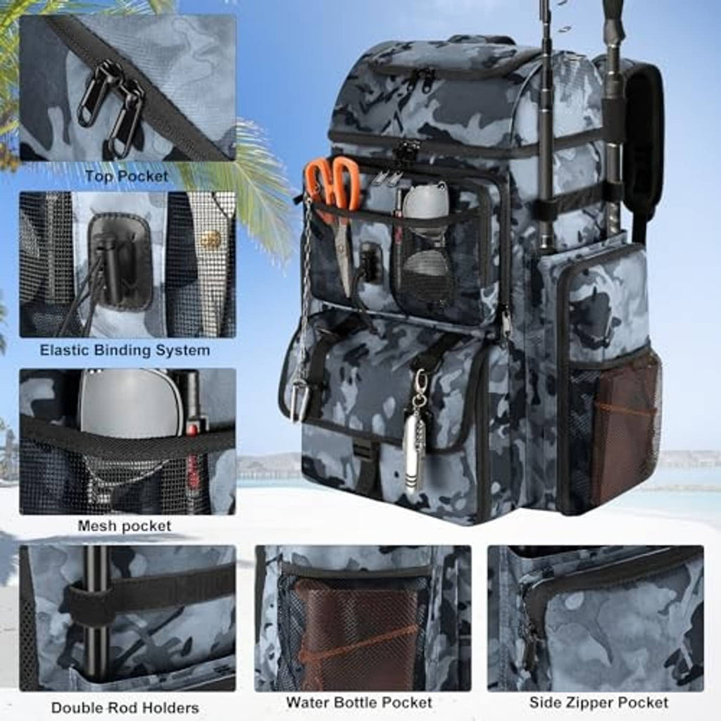 Camouflage fishing tackle backpack with front mesh pocket, elastic binding and side zipper pockets