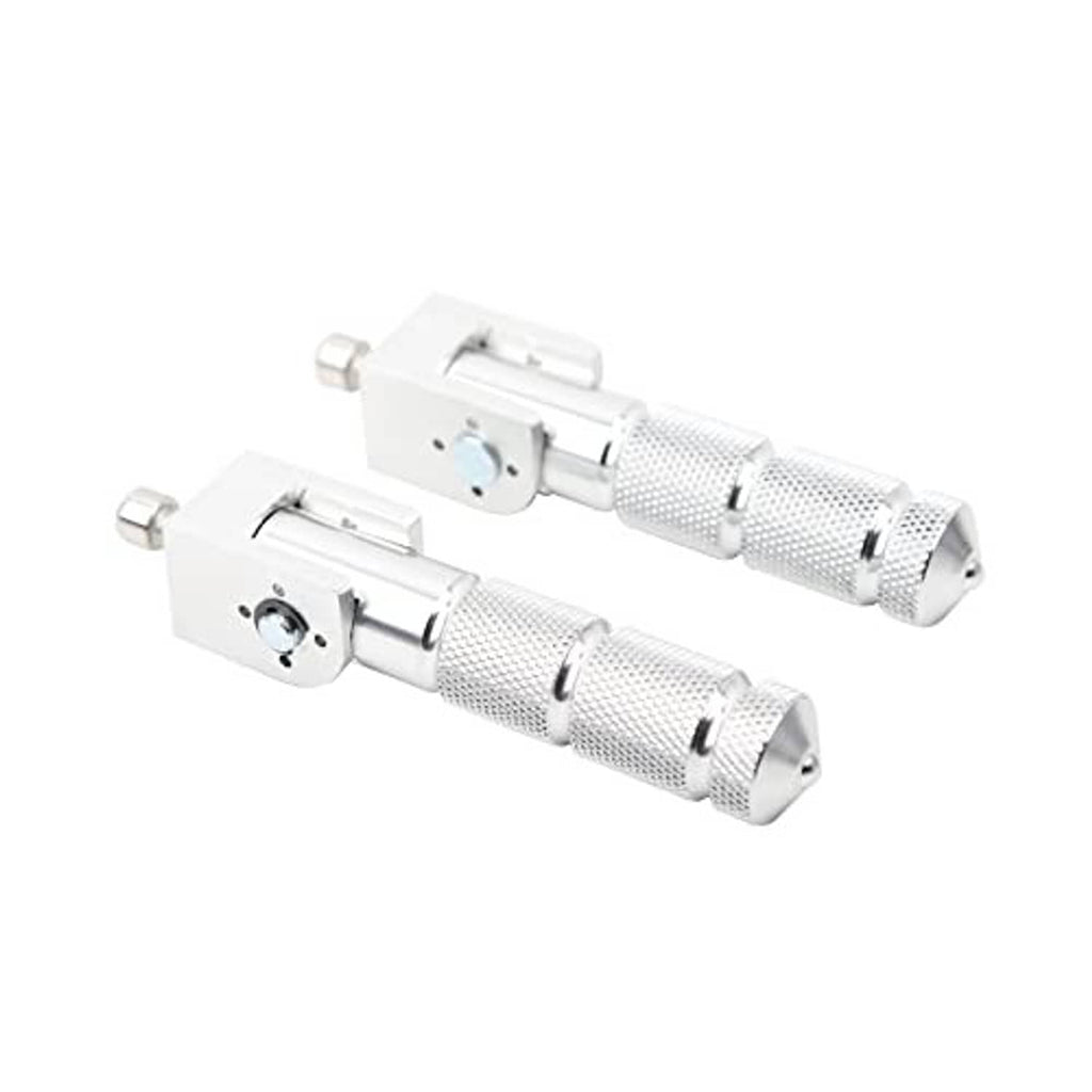 Silver folding motorcycle foot pegs, close view with knurled texture and plates