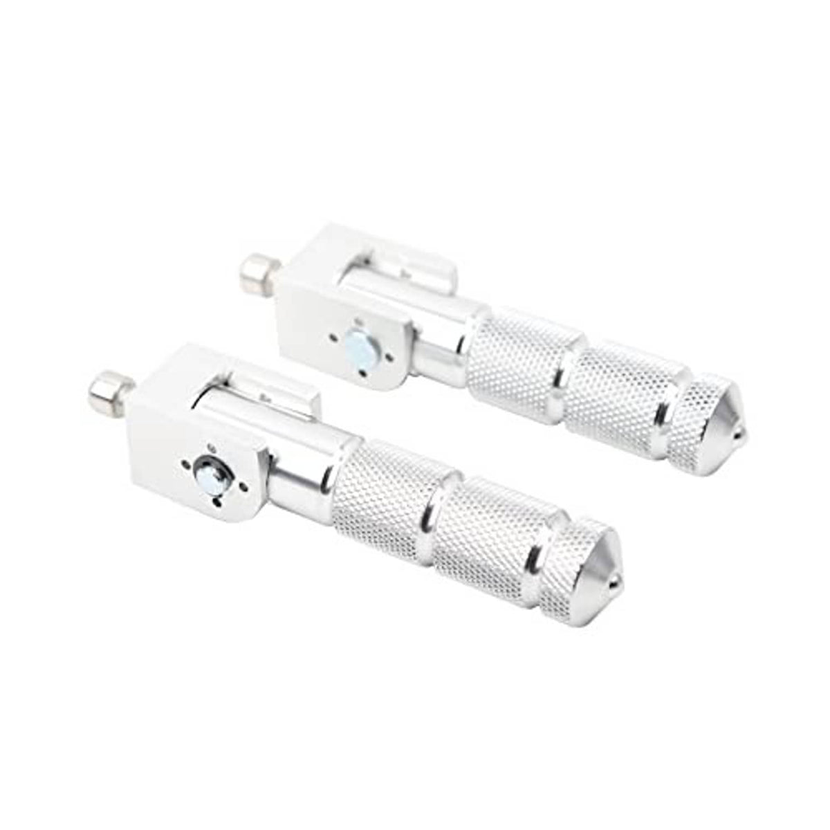Silver folding motorcycle foot pegs, close view with knurled texture and plates