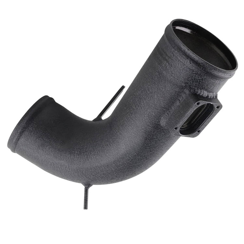Curved black intake hose with textured surface and flange outlet