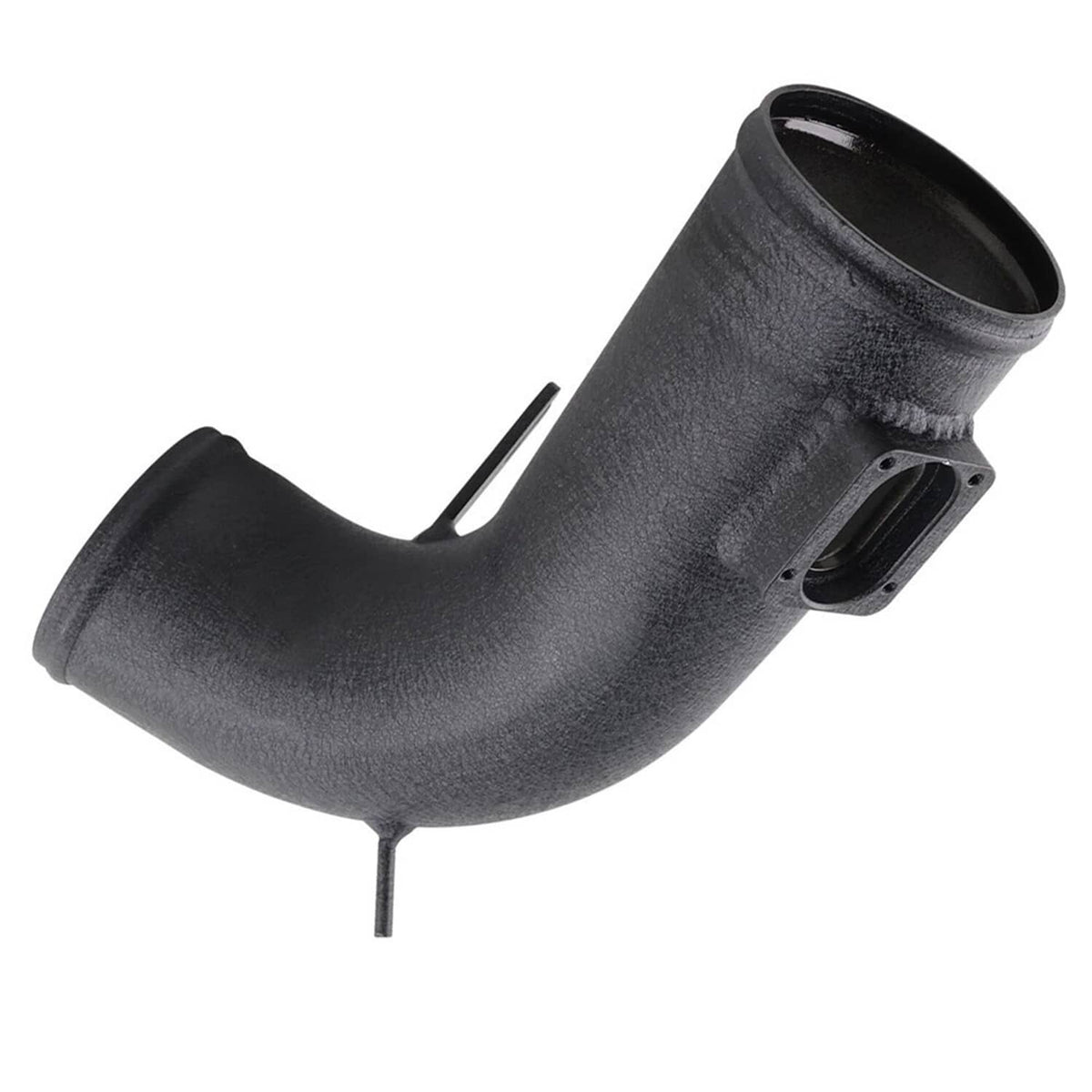 Curved black intake hose with textured surface and flange outlet