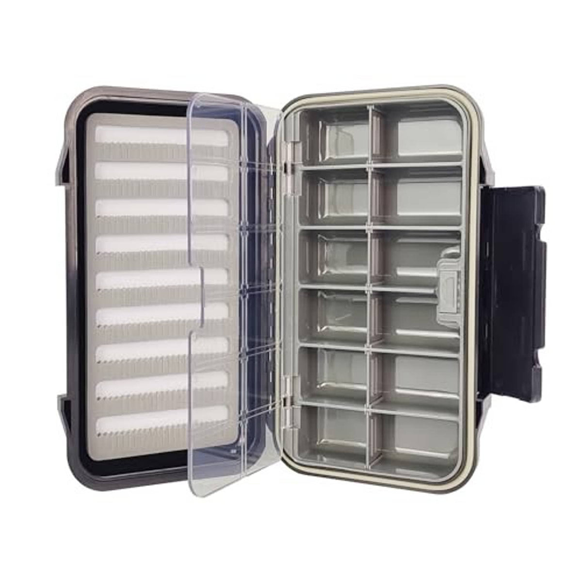 Waterproof fly fishing tackle box with clear storage compartments and side latch, open