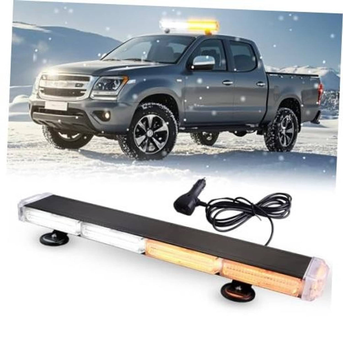 Rooftop emergency LED strobe light bar with amber LED strip and clear end caps, with cord