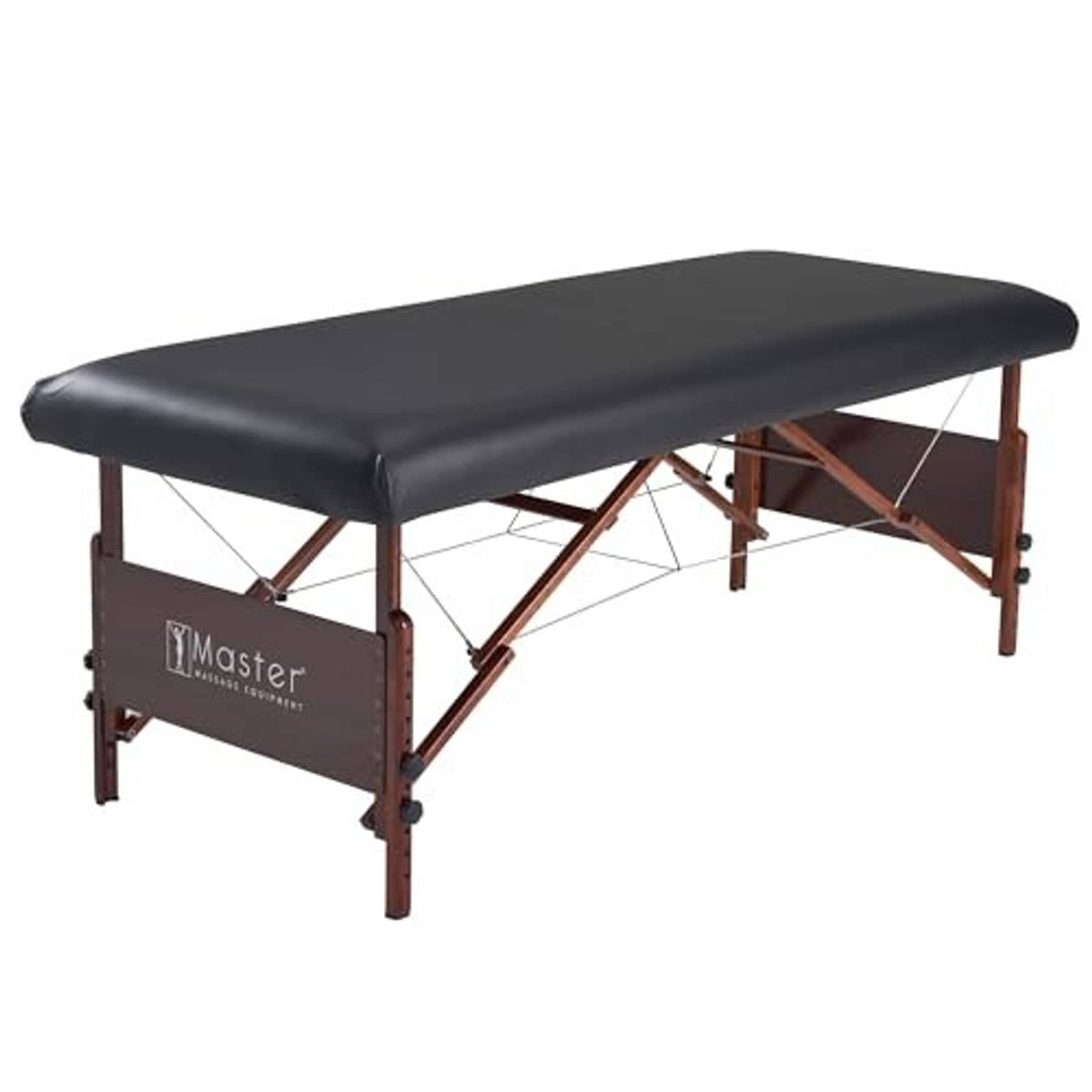 Rectangular fitted PU vinyl massage table cover on wooden frame, dark/black top