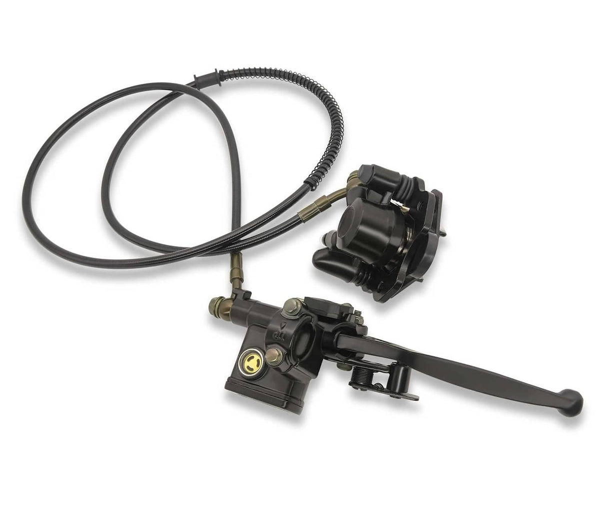 Left rear hydraulic brake master caliper with lever, hoses, and disc brake housing