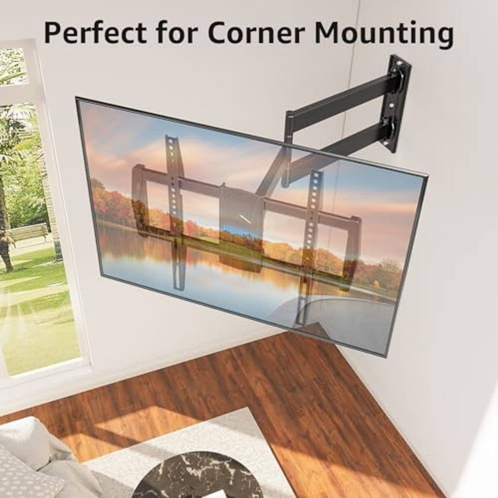 Corner TV wall mount holding a flat-screen TV against a wall in a room corner