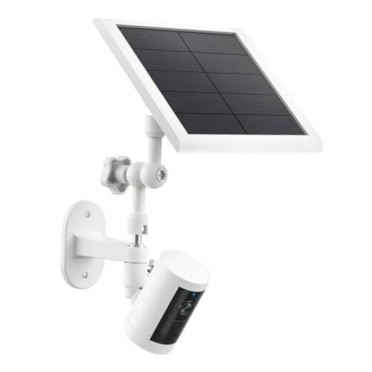 White wall mount with solar panel and swivel camera bracket
