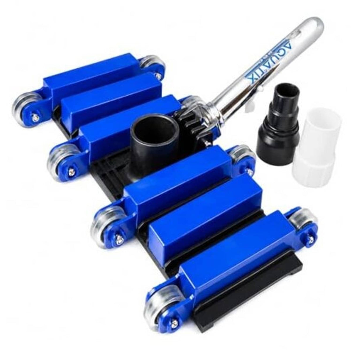 Blue pool vacuum head with wheels and hose adapter, wide rectangular brush roller parts.
