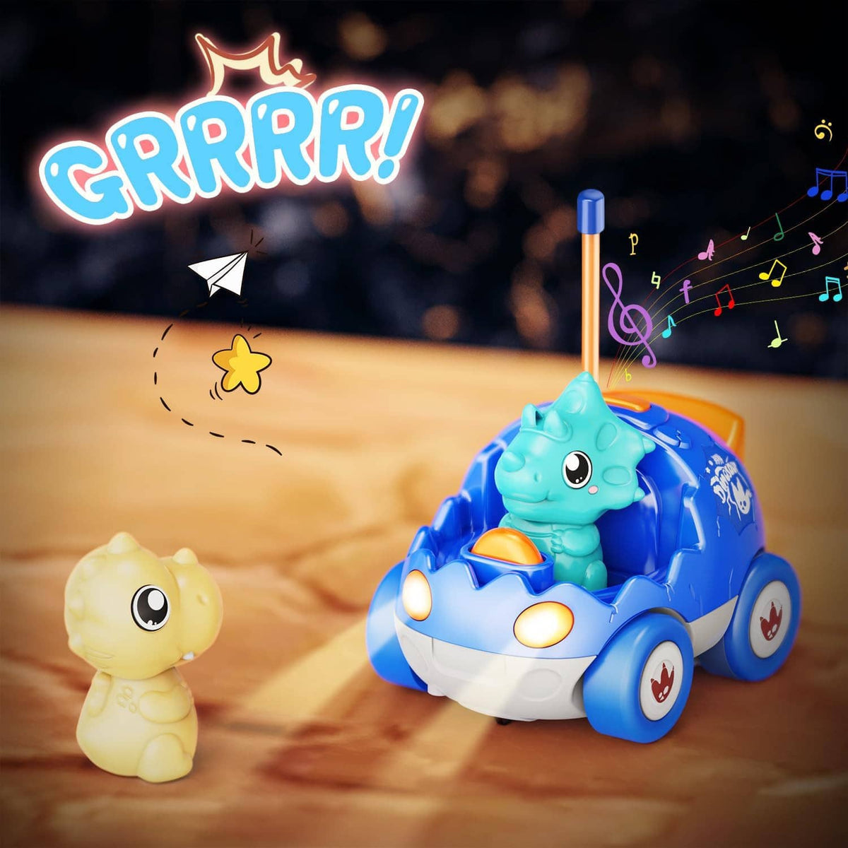 Blue and pink remote control dinosaur cars with driver figures and antenna controllers