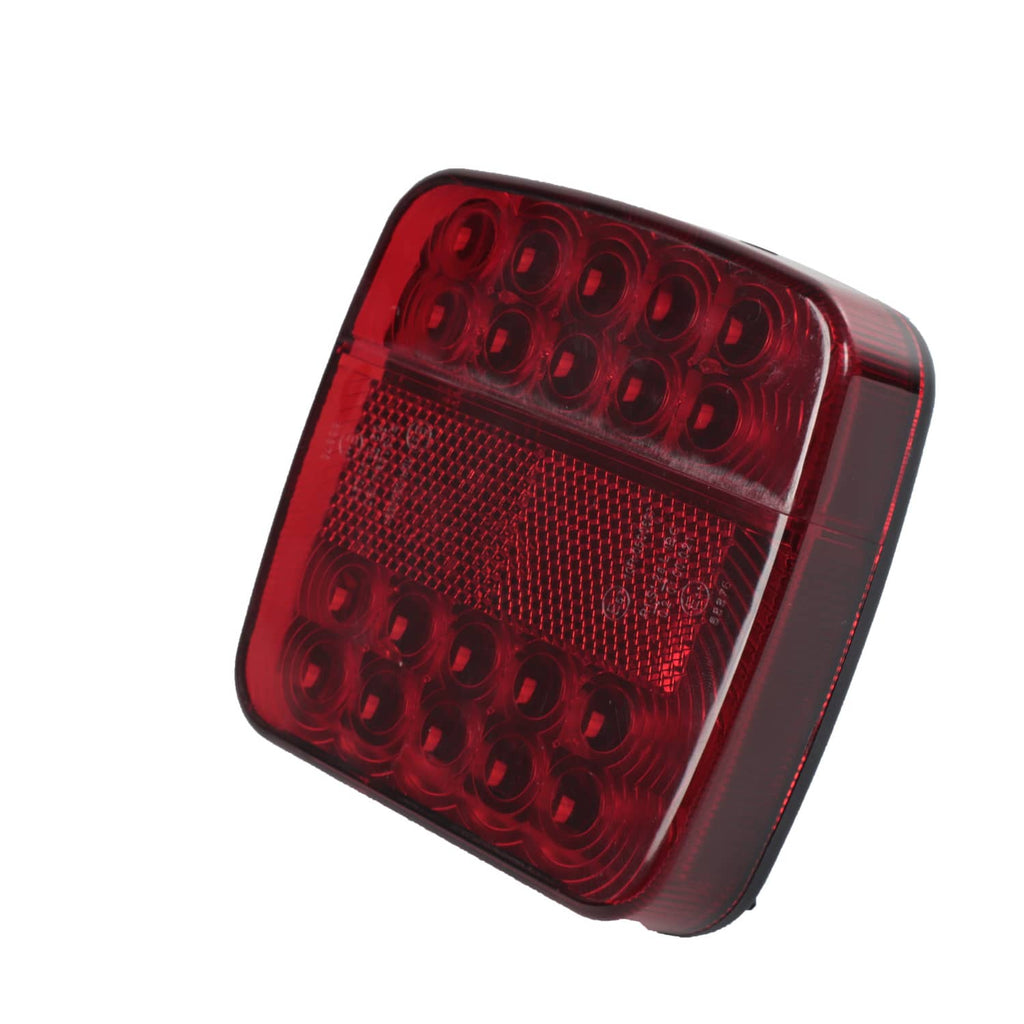 Square red LED tail light with black housing and textured lens