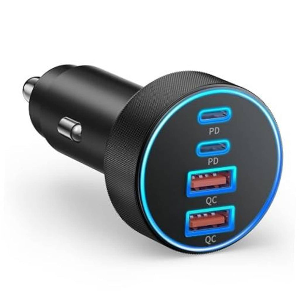 Black USB-C car charger with four ports and blue LED ring around the front panel