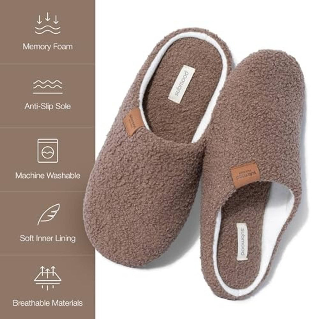 Brown plush slip-on slippers with white contrast trim and stitched logo label