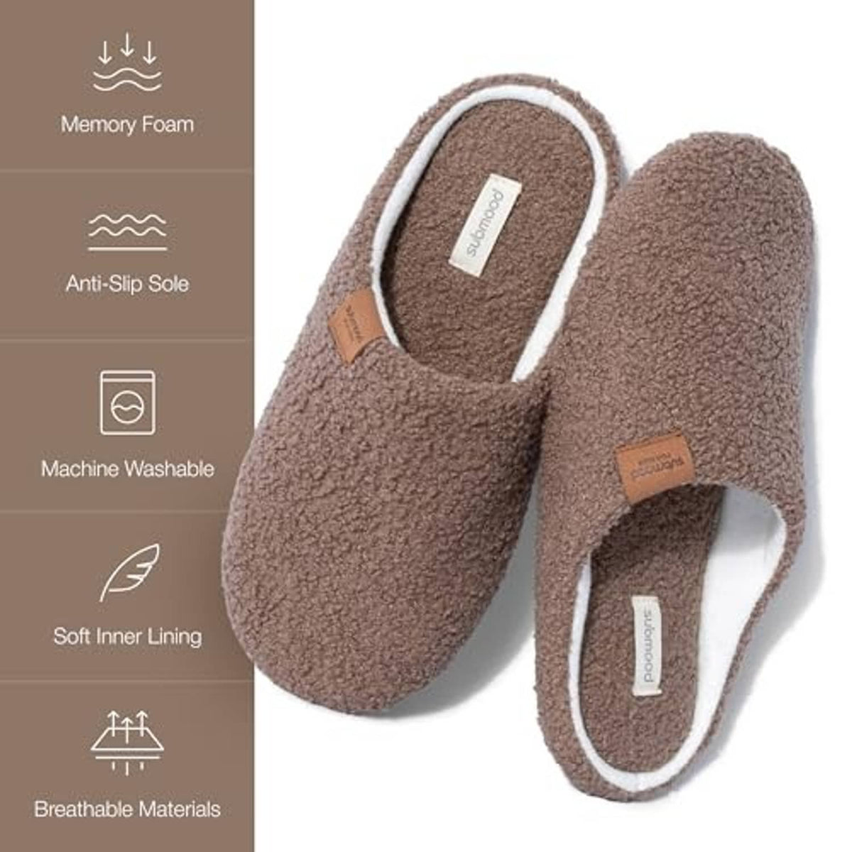 Brown plush slip-on slippers with white contrast trim and stitched logo label