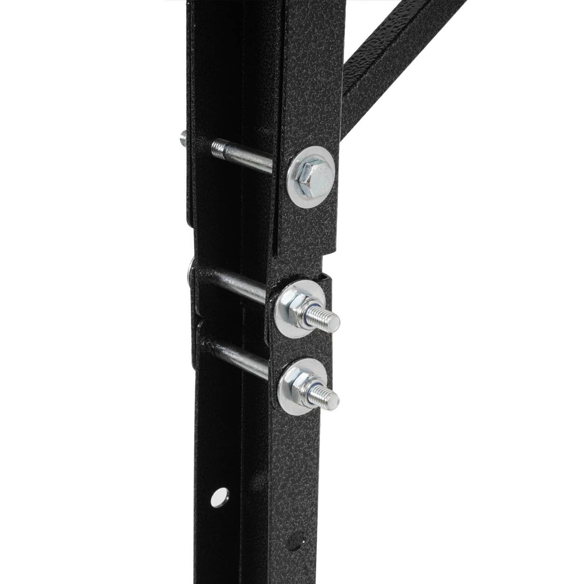 Adjustable trailer ladder rack wall mount bracket with black steel plates and bolts