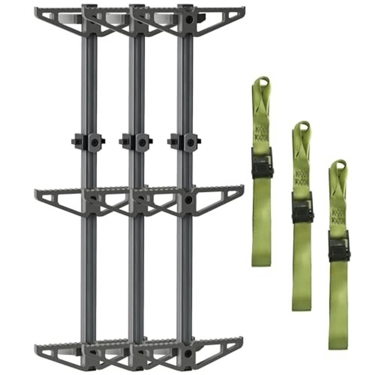 Three gray tree-climbing step sticks with non-slip treads and included green straps
