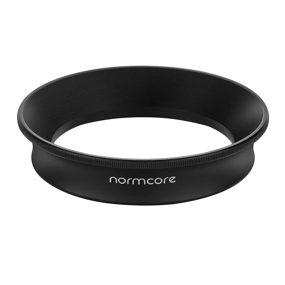 Normcore black dosing funnel ring with textured edge and normcore logo.