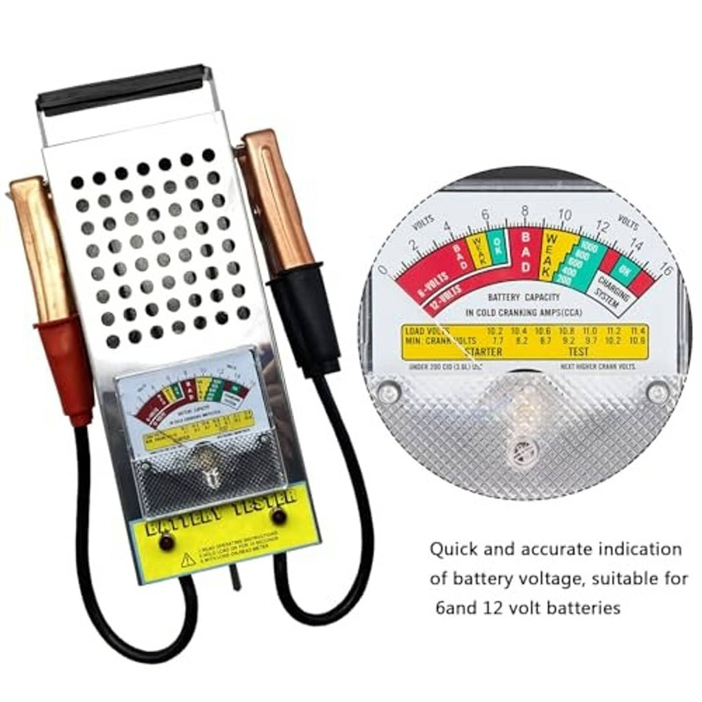 Battery load tester with analog meter dial and battery holder clamps, front and dial view