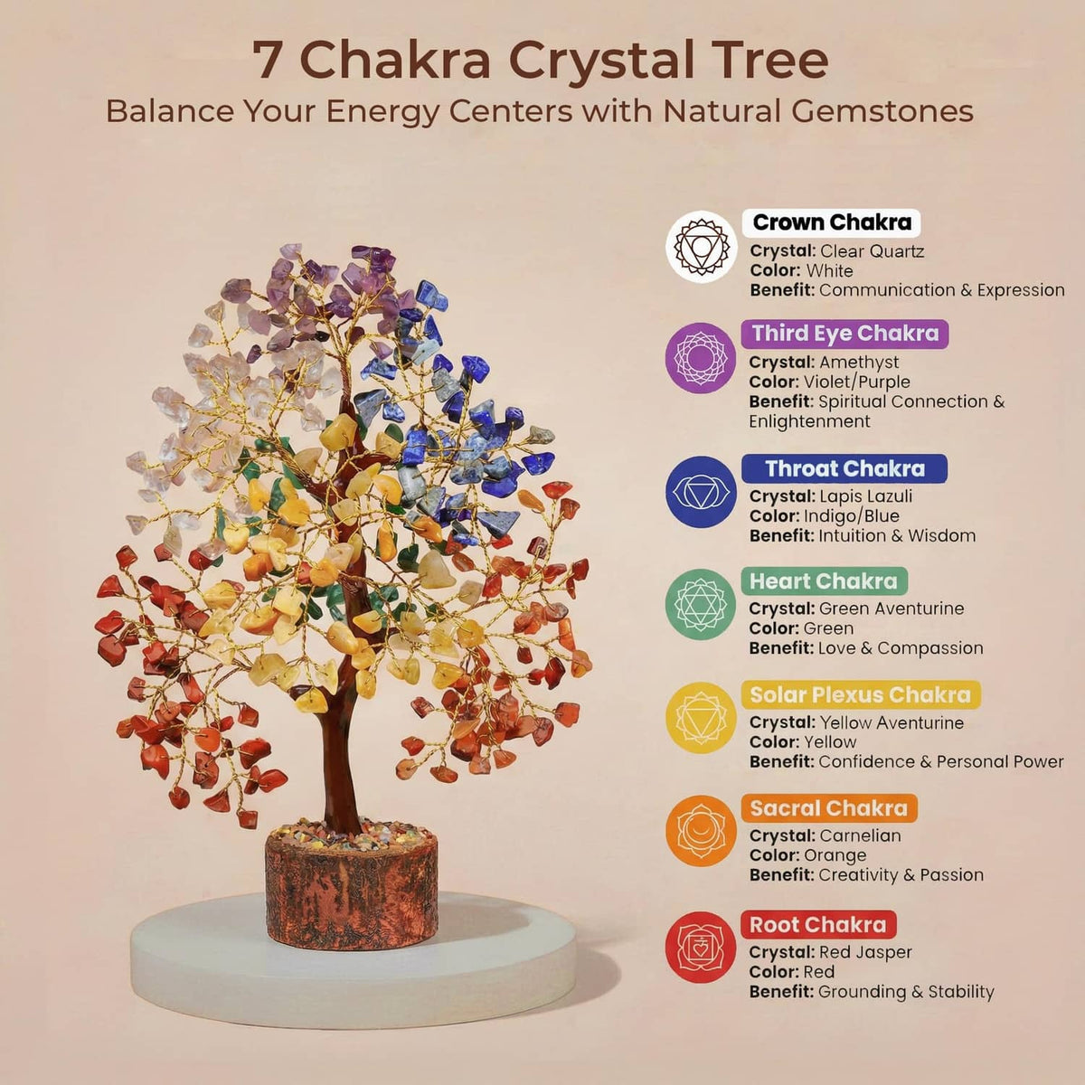 7 chakra crystal tree of life ornament on round base with rainbow gemstone branches