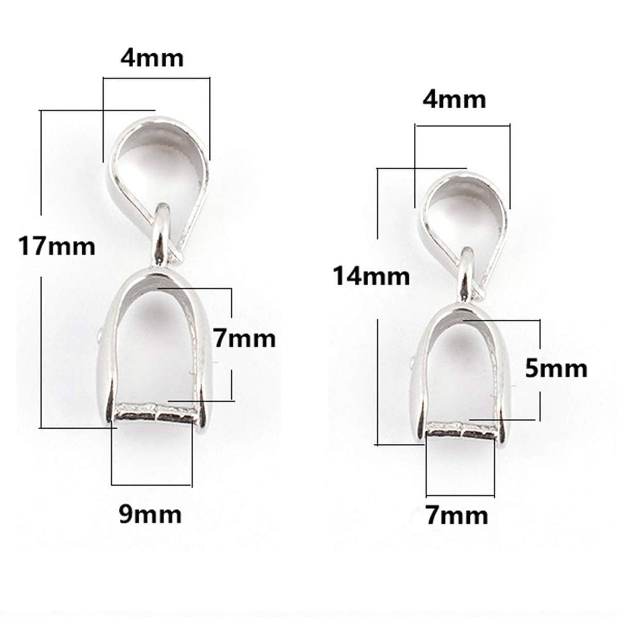 Sterling silver pendant bail connector size diagram with 17mm and 9mm measurements