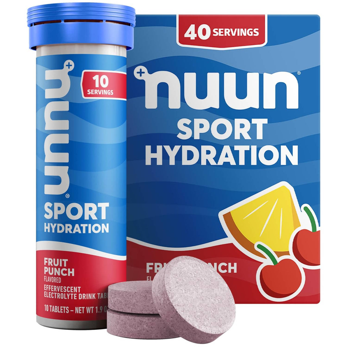 Nuun Sport fruit punch electrolyte tablets in a blue tube with loose tablets
