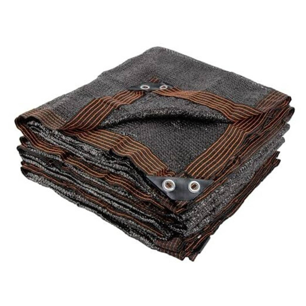 Folded dark shade cloth with woven texture, brown trim, and reinforced metal grommets