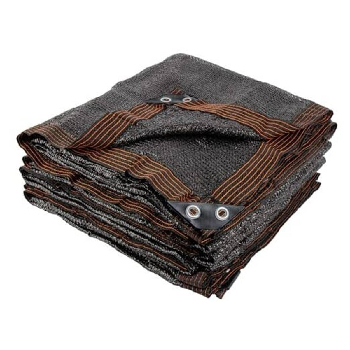 Folded dark shade cloth with woven texture, brown trim, and reinforced metal grommets